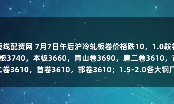 短线配资网 7月7日午后沪冷轧板卷价格跌10，1.0鞍卷3610，本卷3600，鞍板3740，本板3660，青山卷3690，唐二卷3610，首卷3610，邯卷3610；1.5-2.0各大钢厂3590-3810。